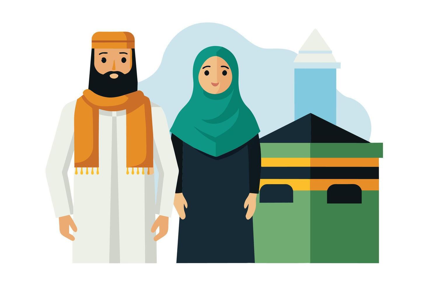 A dignified man and woman dressed in traditional Hajj attire vector