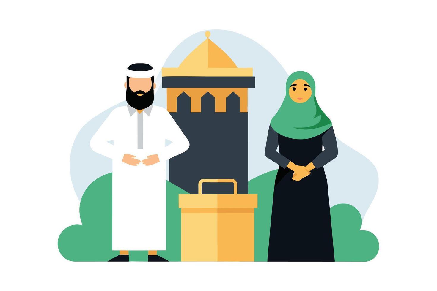 A dignified man and woman dressed in traditional Hajj attire vector