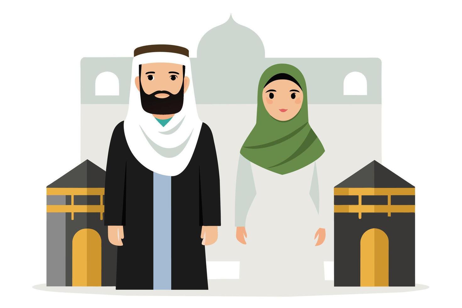 A dignified man and woman dressed in traditional Hajj attire vector