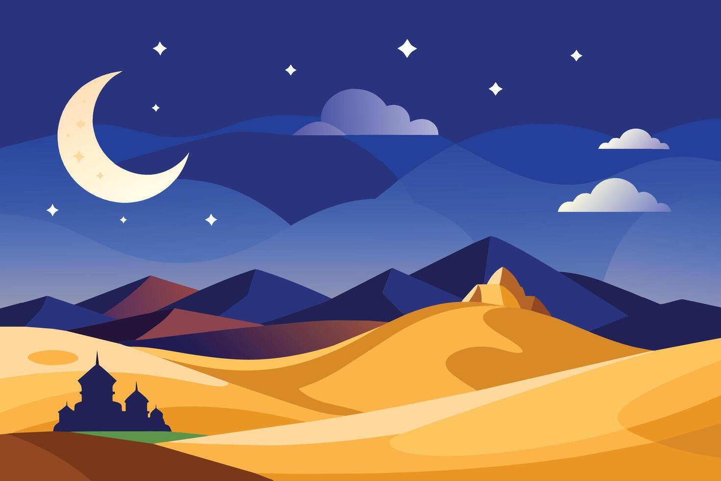 A serene desert landscape under a starry night sky vector