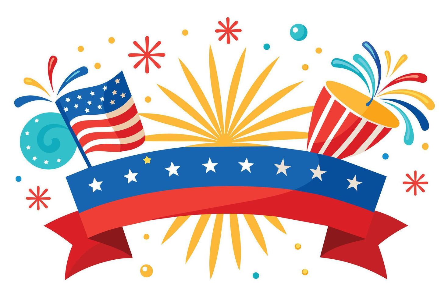 4th July banner featuring dynamic fireworks against a rich, midnight white background vector