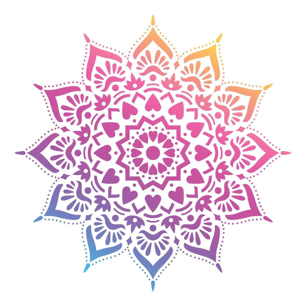 Round gradient mandala on white isolated background. Design boho mandala in green and pink colors. Mandala with floral patterns. Yoga template vector