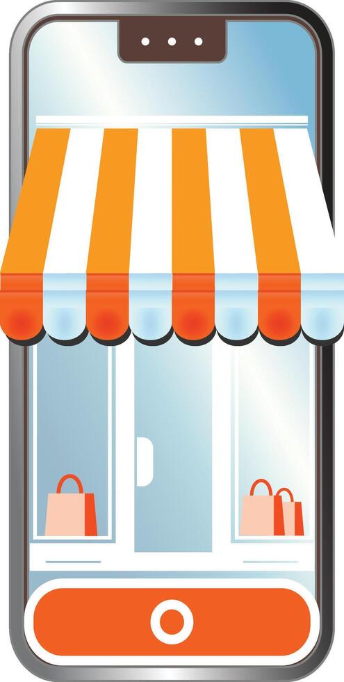 The mobile screen is a storefront. Next to it are merchandise boxes vector