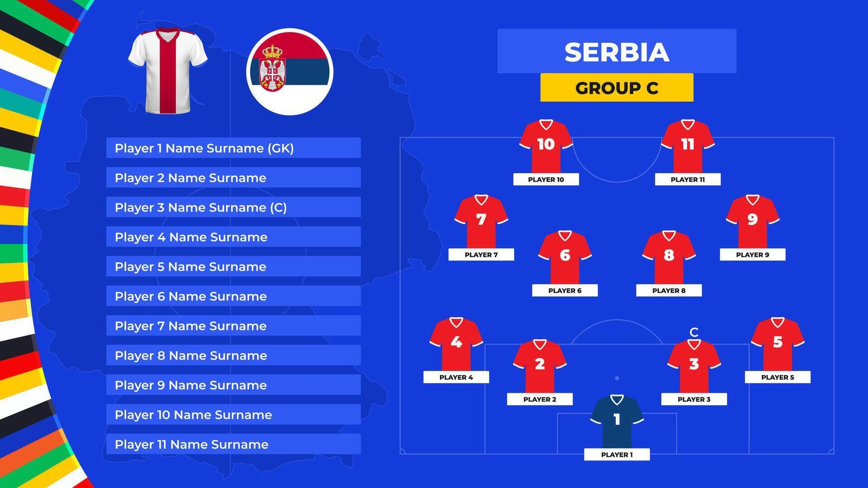 Lineup of the Serbia national football team. T-shirt and flag. Football field with the formation of Serbia players at the European tournament 2024. vector