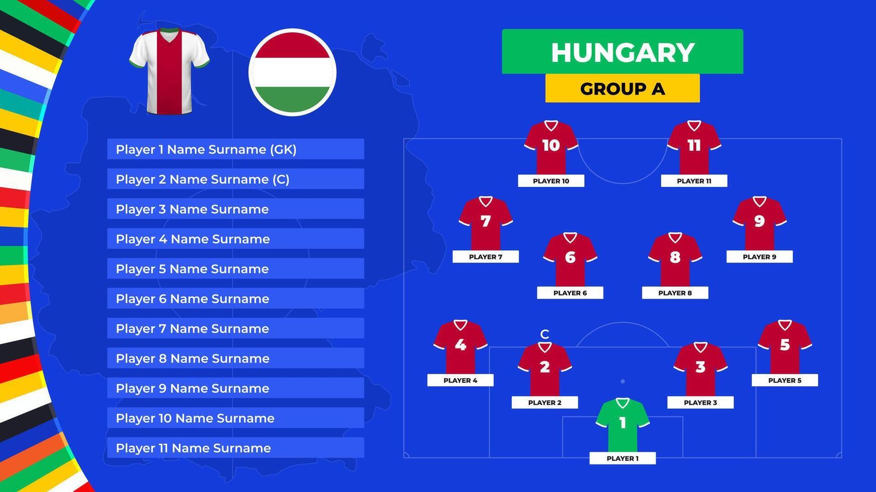 Lineup of the Hungary national football team. T-shirt and flag. Football field with the formation of Hungary players at the European tournament 2024. vector