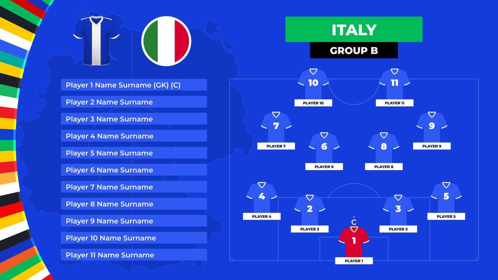 Lineup of the Italy national football team. T-shirt and flag. Football field with the formation of Italy players at the European tournament 2024. vector