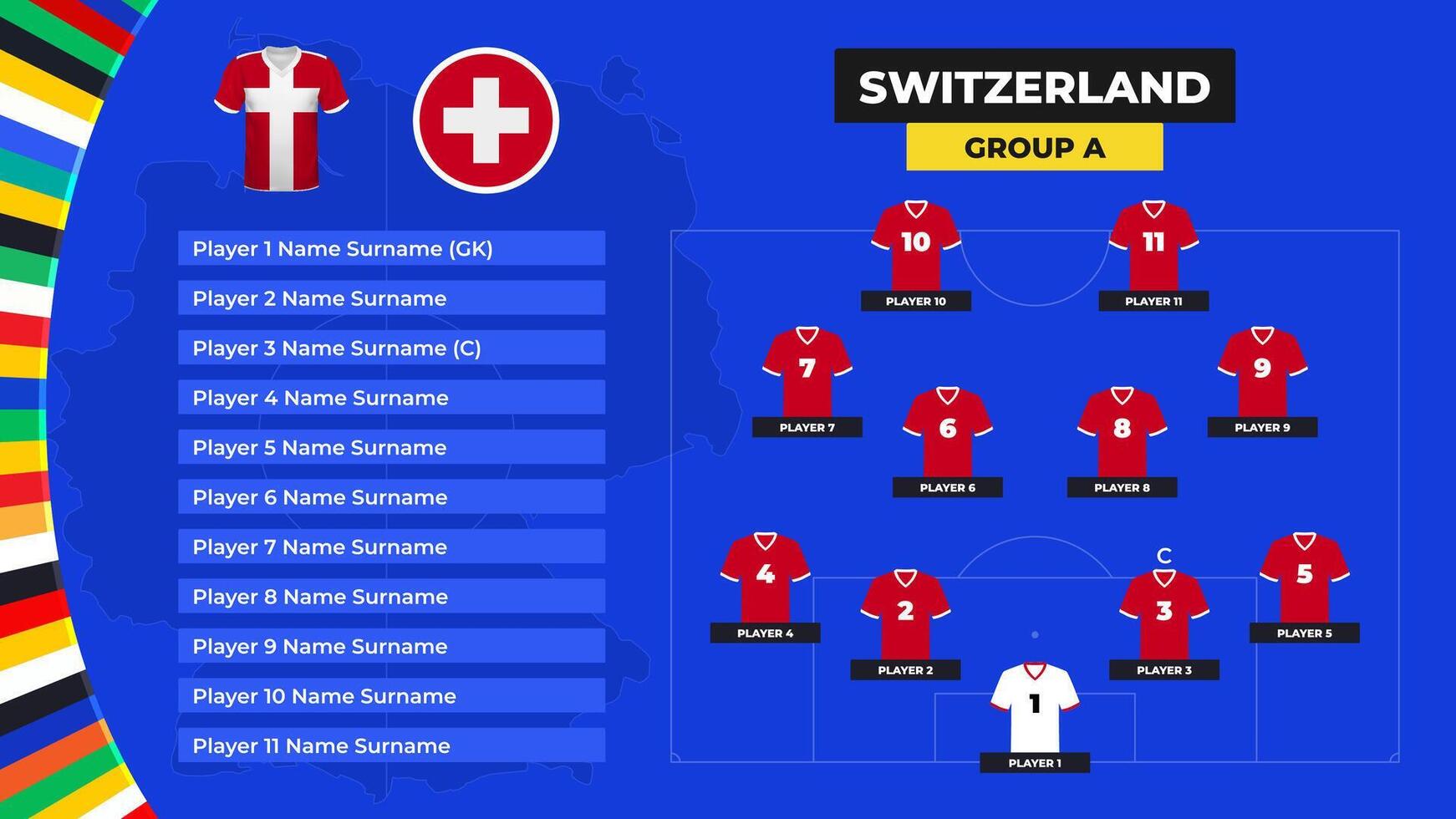 Lineup of the switzerland national football team. T-shirt and flag. Football field with the formation of Switzerland players at the European tournament 2024. vector