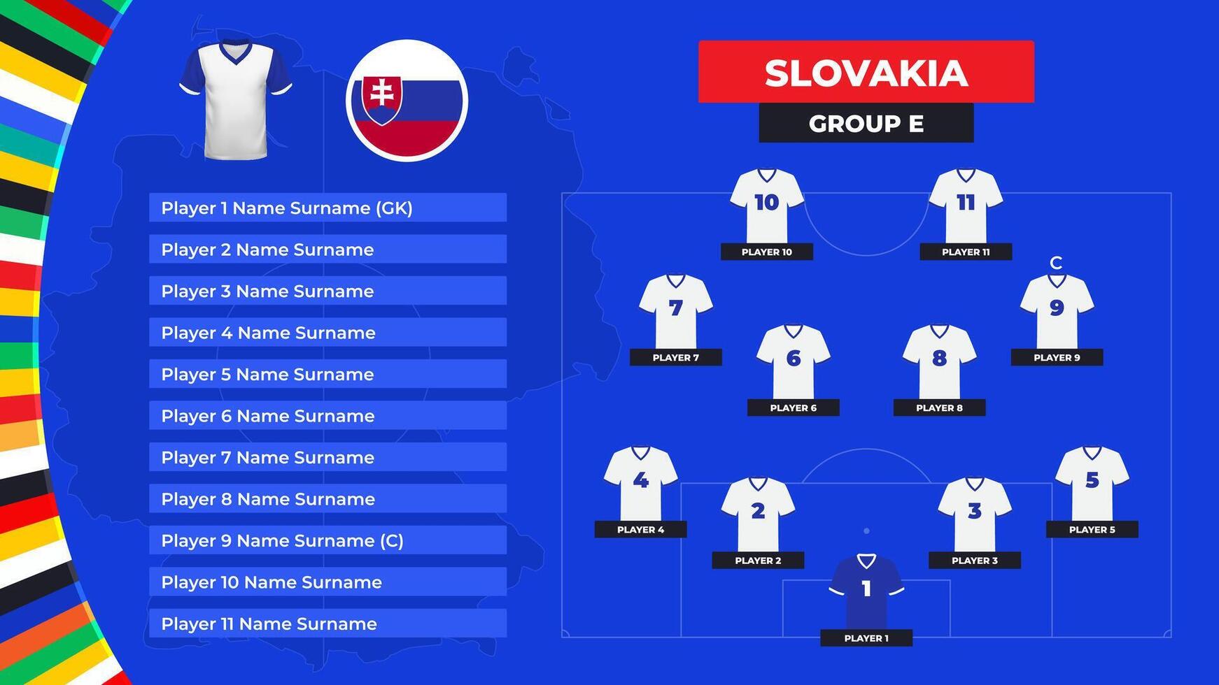 T-shirt and flag. Lineup of the Slovakia national football team. Football field with the formation of Slovakia players at the European tournament 2024. vector