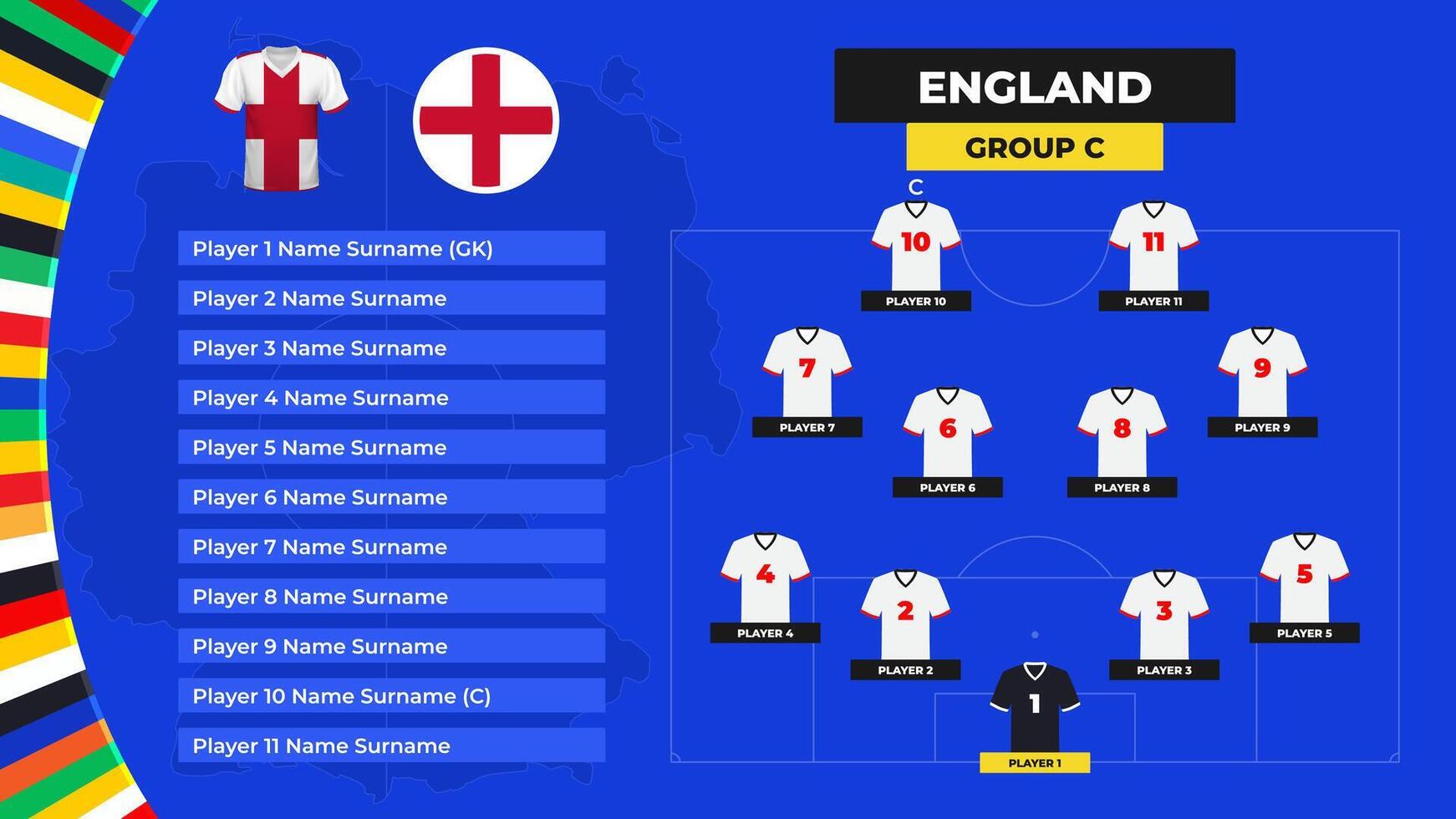 Lineup of the England national football team. T-shirt and flag. Football field with the formation of England players at the European tournament 2024. vector