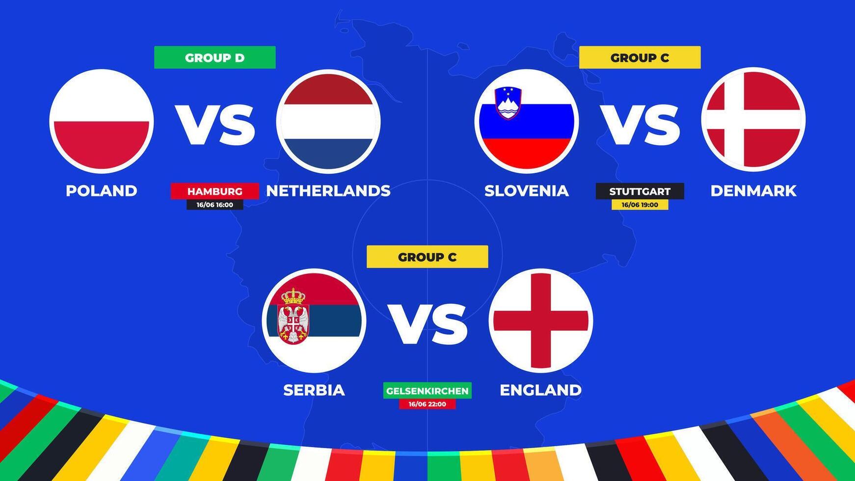 Match schedule. Group C and D matches of the European football tournament in Germany 2024 Group stage of European soccer competition vector