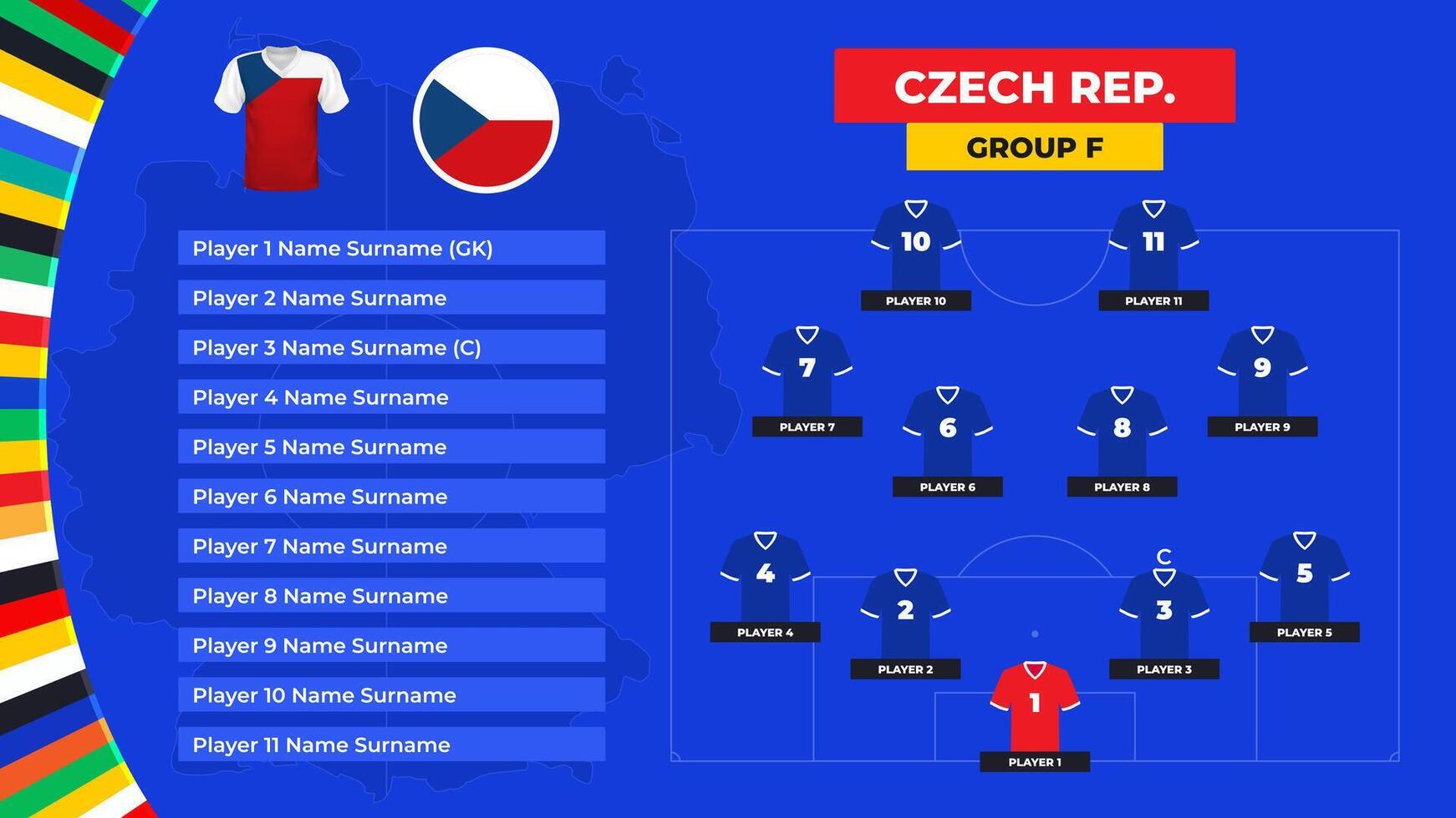 T-shirt and flag. Lineup of the Czech Republic national football team. Football field with the formation of Czech players at the European tournament 2024. vector