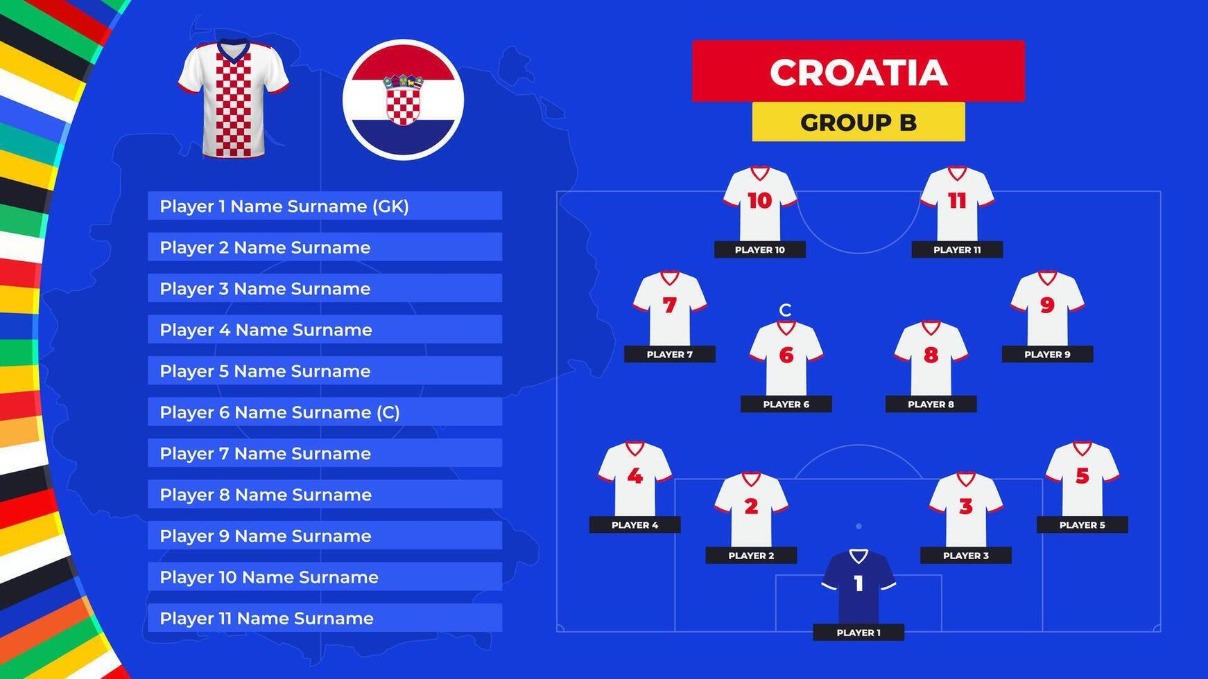 Lineup of the Croatia national football team. T-shirt and flag. Football field with the formation of Croatia players at the European tournament 2024. vector