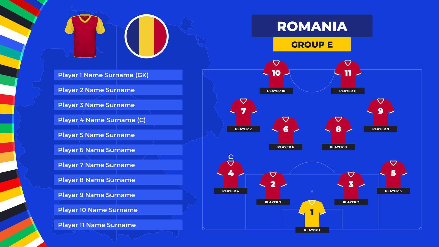 T-shirt and flag. Lineup of the Romania national football team. Football field with the formation of Romania players at the European tournament 2024. vector