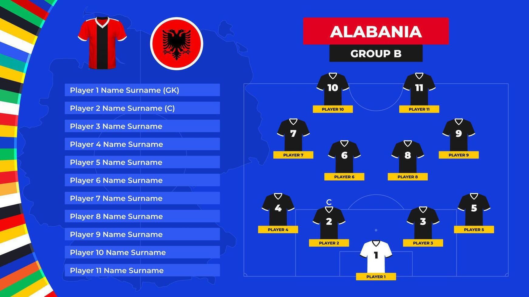 Lineup of the Albania national football team. T-shirt and flag. Football field with the formation of Albania players at the European tournament 2024. vector