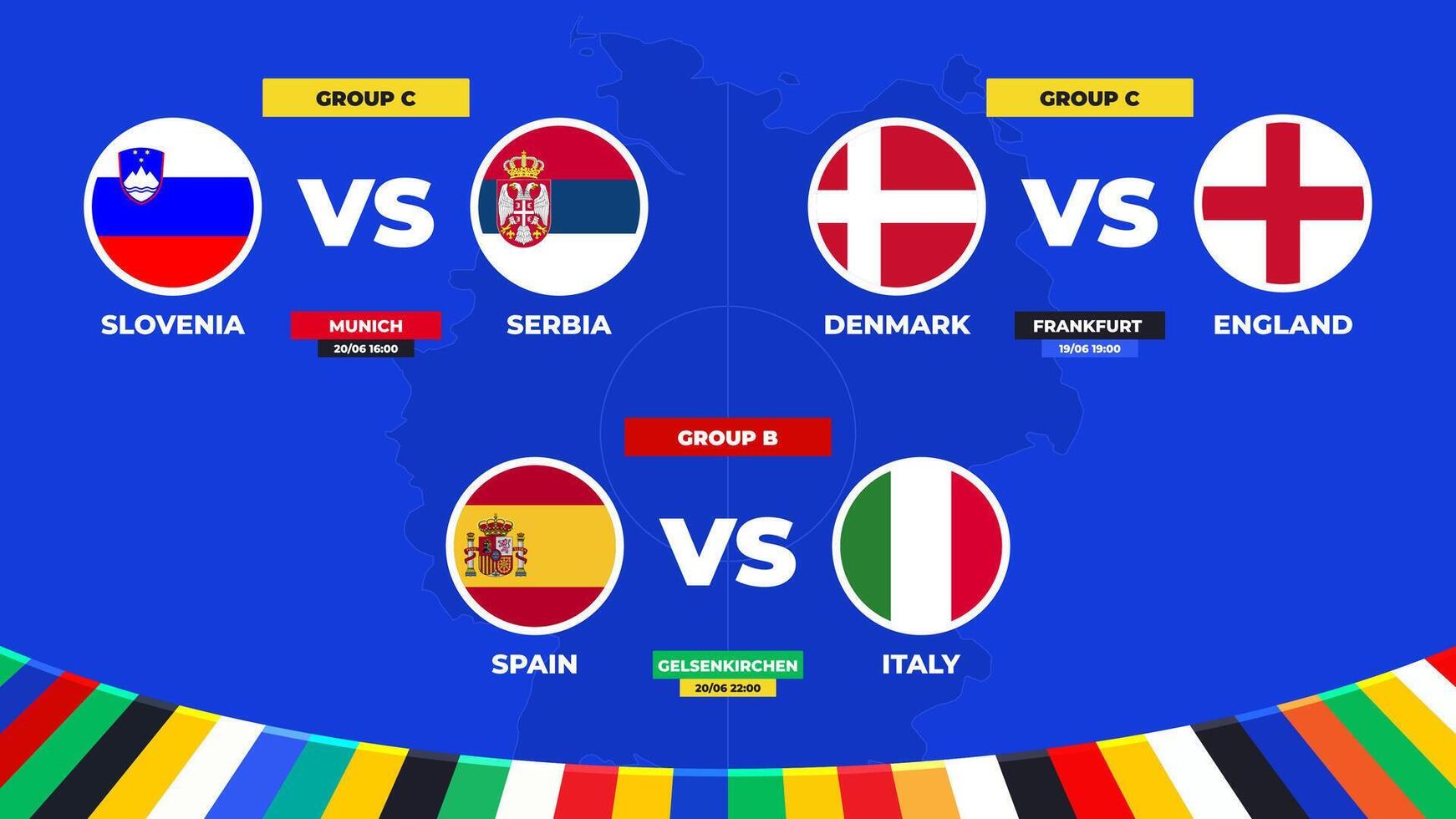 Match schedule. Group B and C matches of the European football tournament in Germany 2024 Group stage of European soccer competition illustration. vector