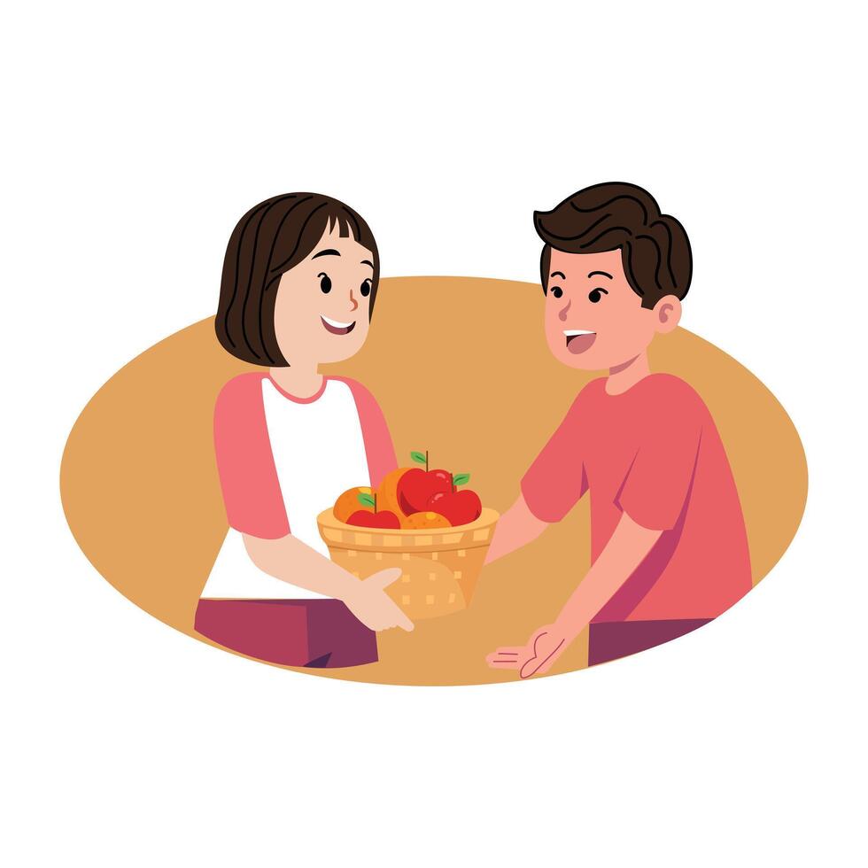 Woman and man with a basket of fruits. Illustration in cartoon style. sharing illustration. a boy shares fruit with a girl. Design elements of empathy and sympathy vector