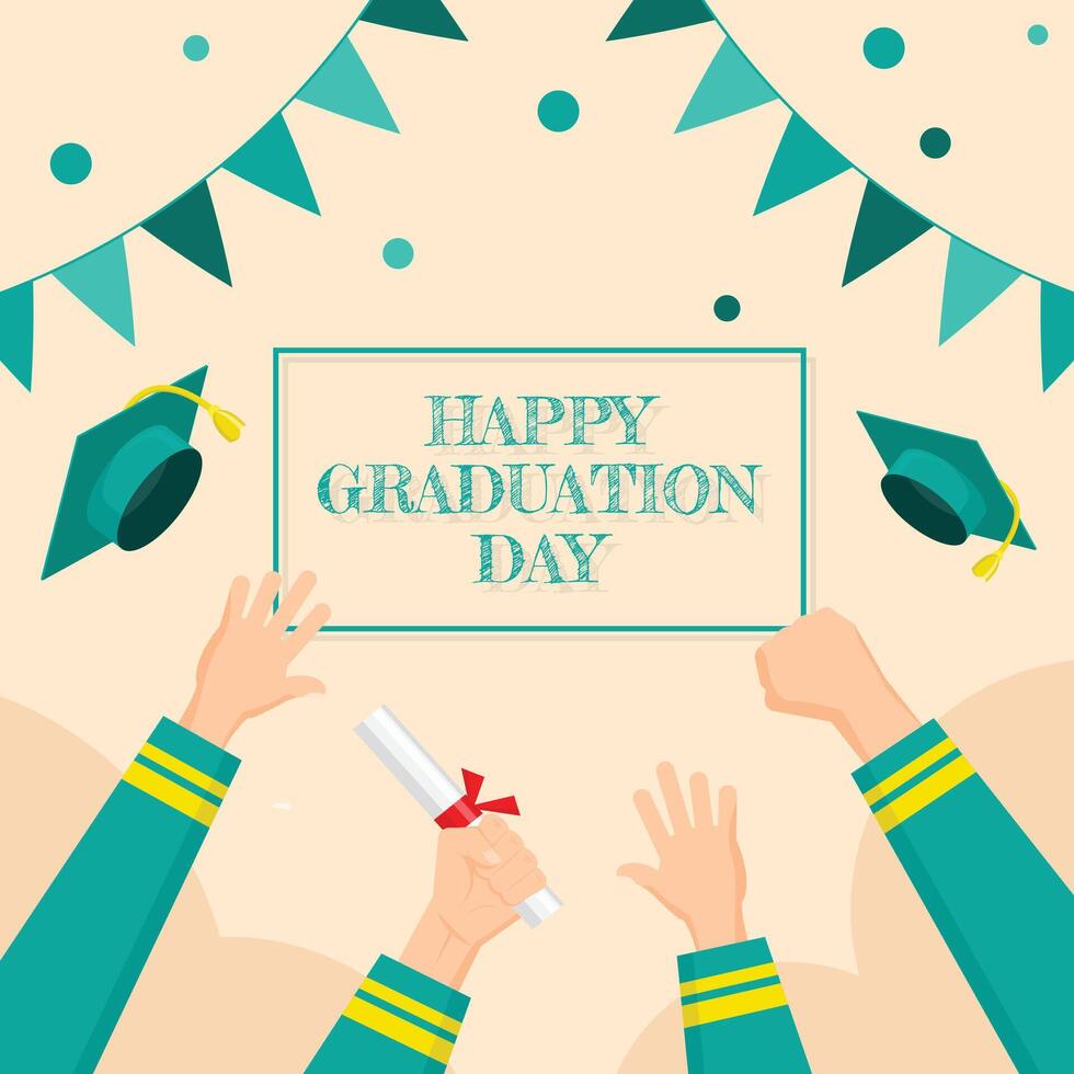 Happy Graduation Day poster with many hands raised to celebrate graduation vector