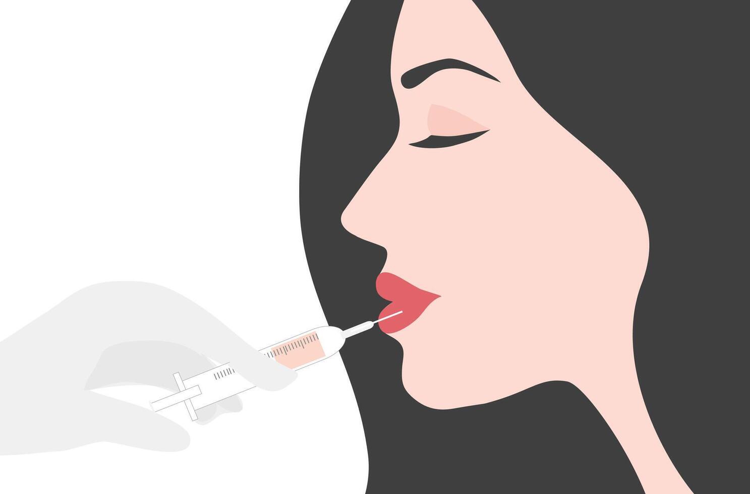 Filler injection concept. Serum syringe injects filler to lip of woman illustration. Plastic, aesthetic cosmetology beauty treatment concept vector