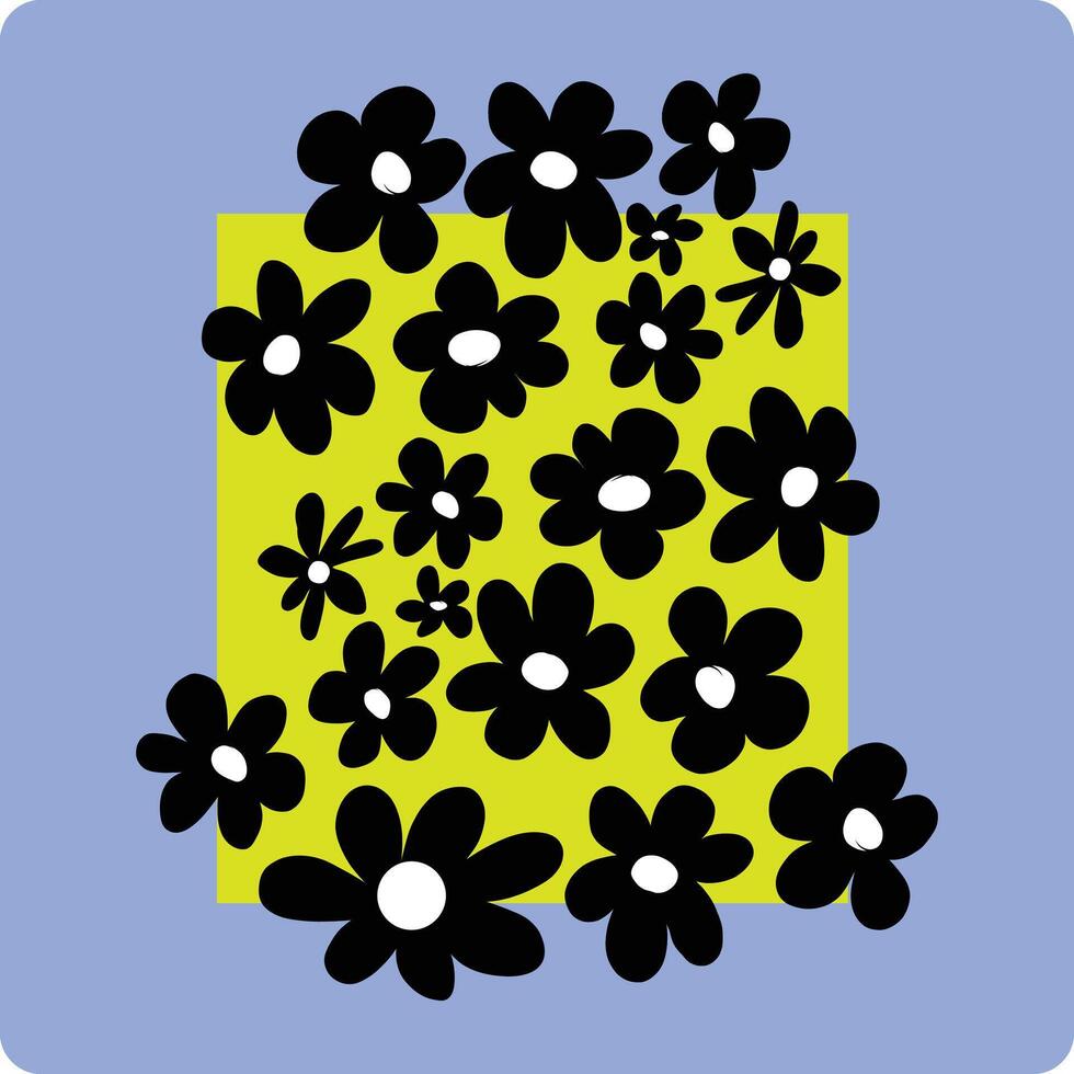 Abstract Monochrome Floral With Neon Green Print, Retro flowers neon color, Seamless Background With Cute Flowers, Summer yellow background with black flowers, summer Preppy Yellow Black Hippie Flower vector