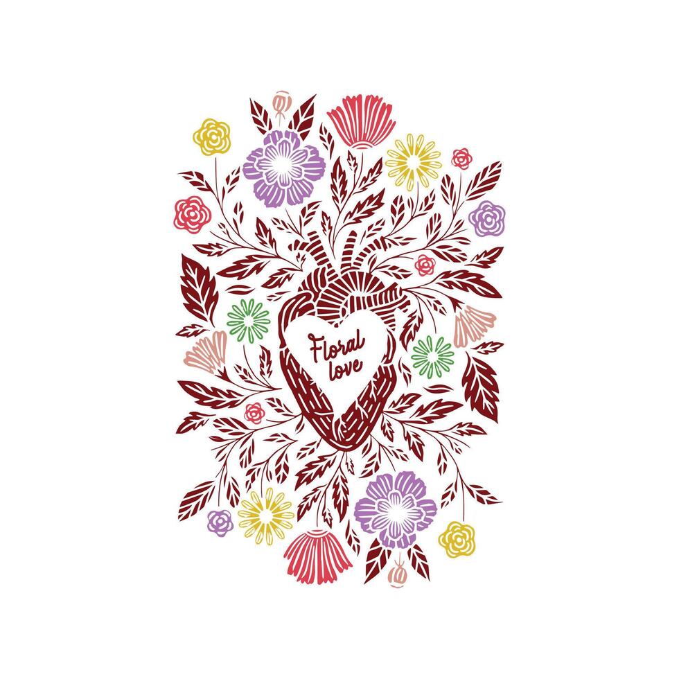 floral amor imprimir, simétrico botánico corazón con floral elementos, decorativo elemento para San Valentín día tarjetas, ilustración de vistoso flores en corazón forma, floral en oír t camisa diseño, vector