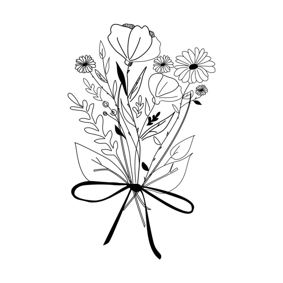 Line Art Flowers Bouquet Print, Simple drawing in black outline, Bouquet wildflowers isolated white background, Hand drawn wildflowers meadow black and white, Flower art drawing with abstract shape vector