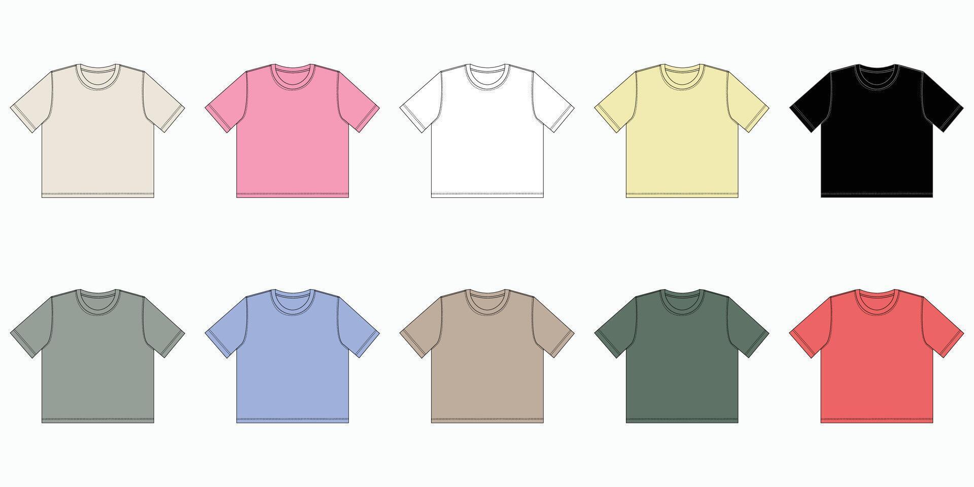 Multicolor short Sleeve basic T shirt Technical sketch Illustration Front Template, T shirt round neck template, Colorful Flat T Shirt Mock Up, Multicolor Short sleeve t shirt outline templates, vector