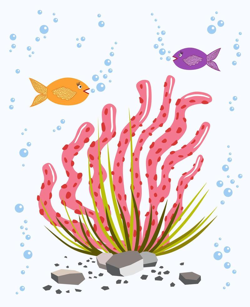 Pink seaweed. Two fishes and stones. Underwater life vector