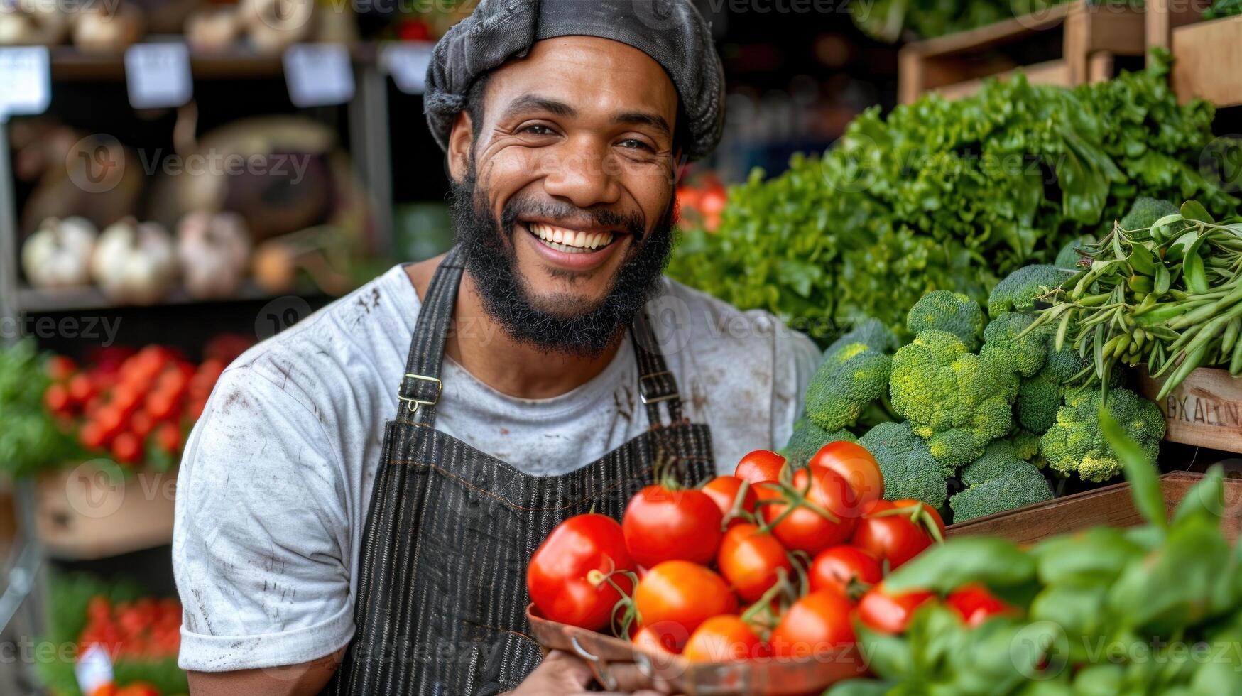 A man is smiling and holding a tray of tomatoes photo