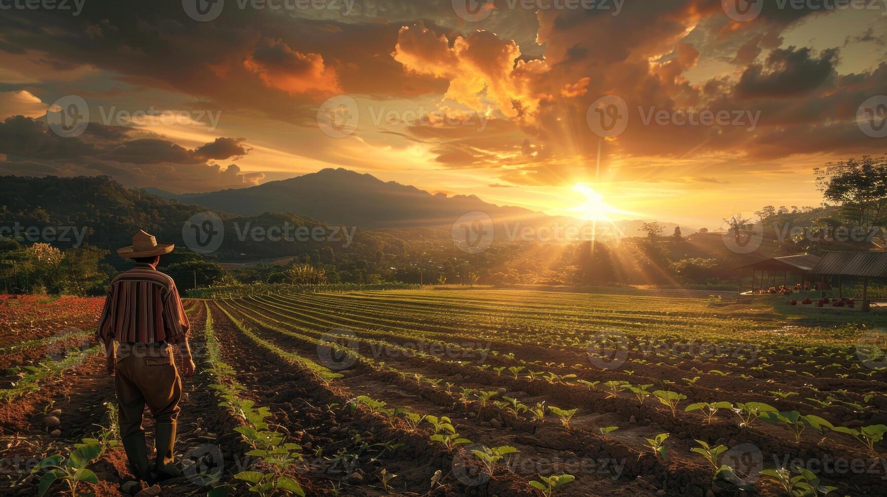 A man stands in a field of crops with the sun shining on him photo