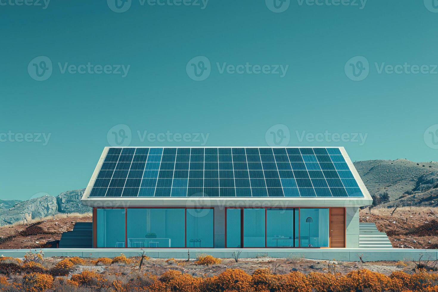 A house with solar panels on the roof and a large window photo