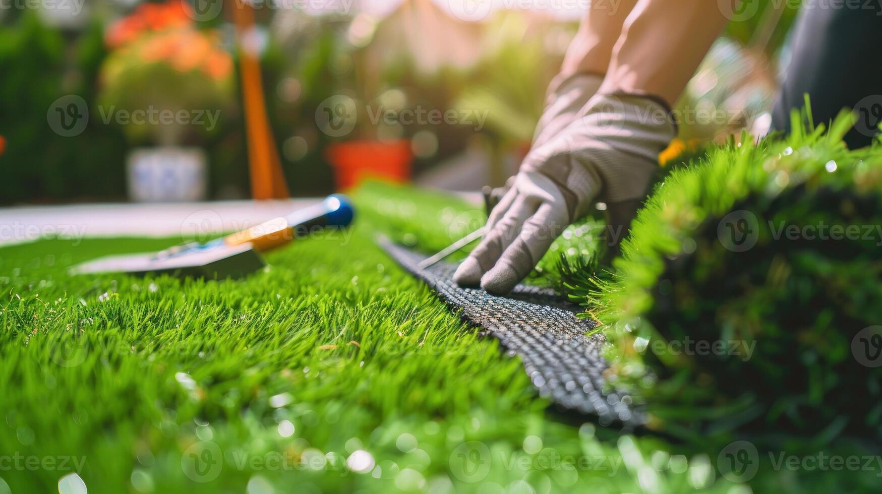 A man is laying down a piece of artificial grass photo