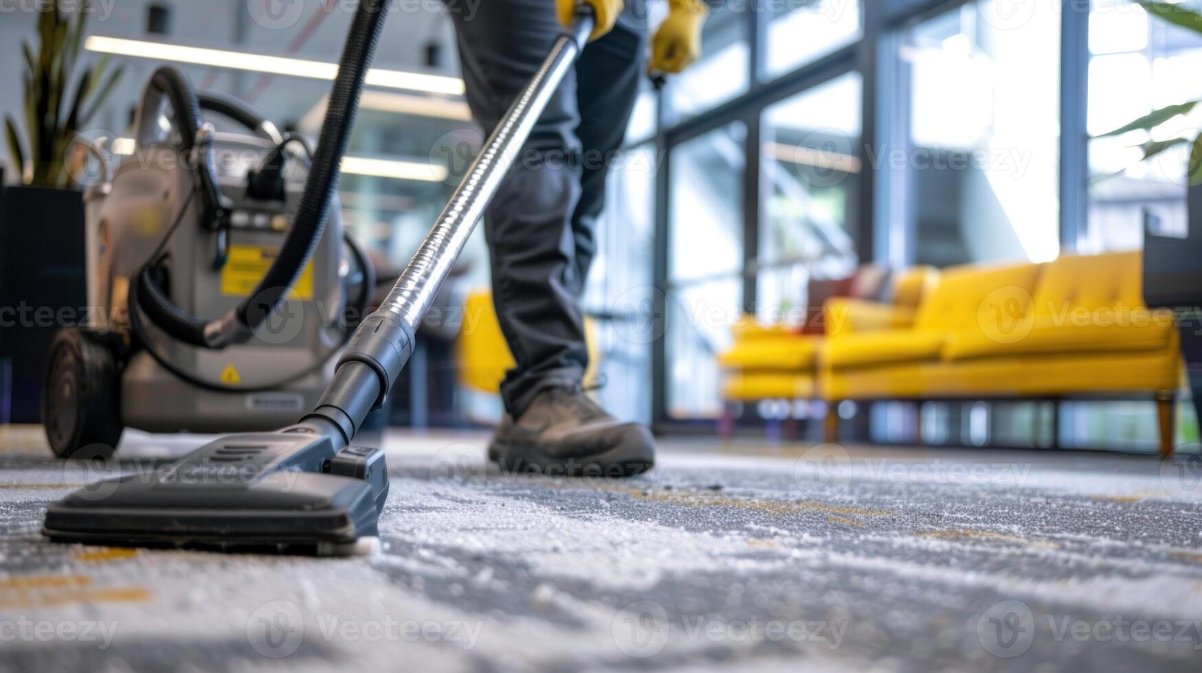 A person is vacuuming a carpet photo