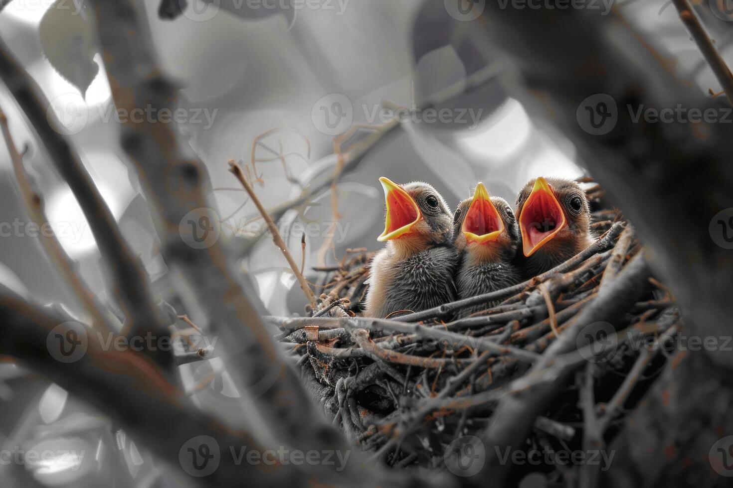 Three baby birds are sitting in a nest, one of which is eating photo