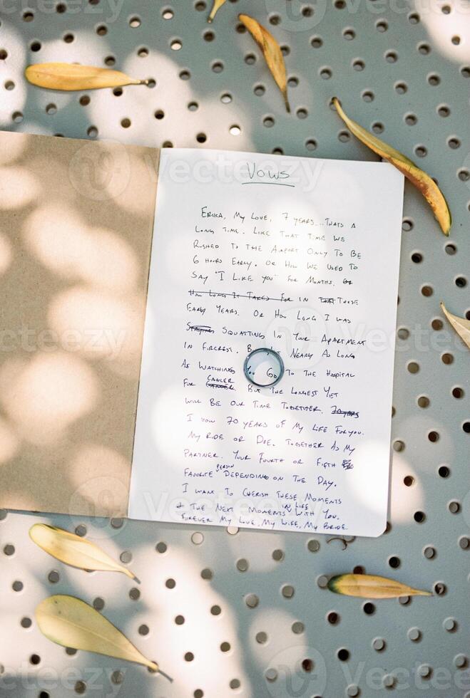 Wedding ring lies on the wedding vows on the table among the yellow leaves photo