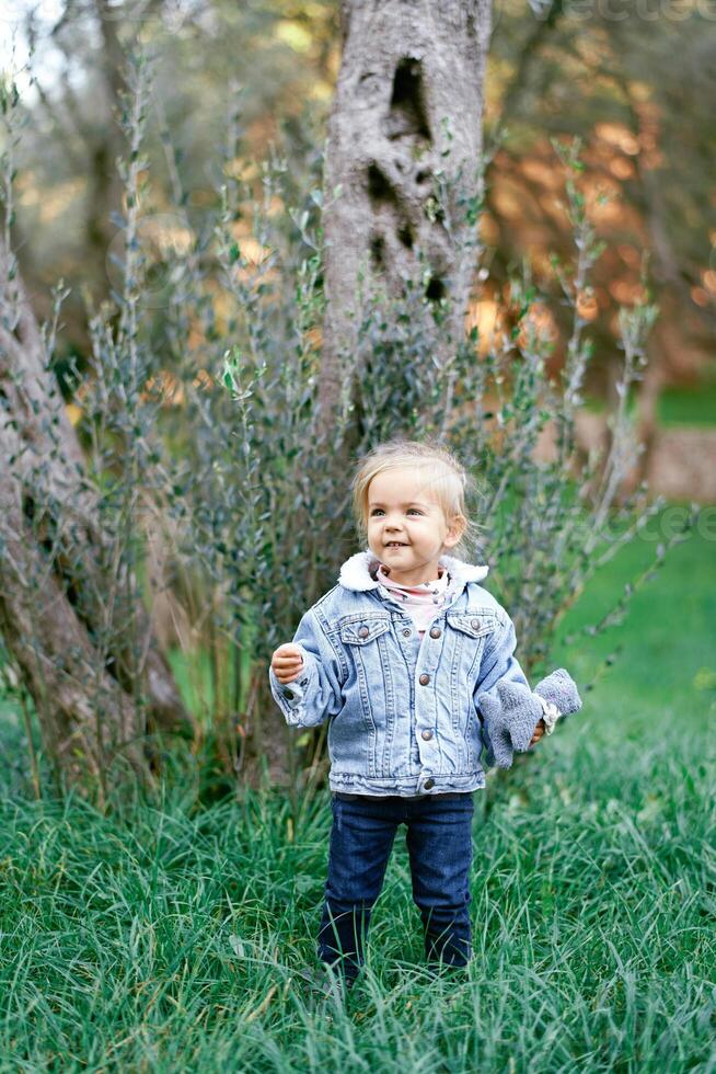 Smiling little girl stands in the grass near the tree with a soft toy in her hand photo