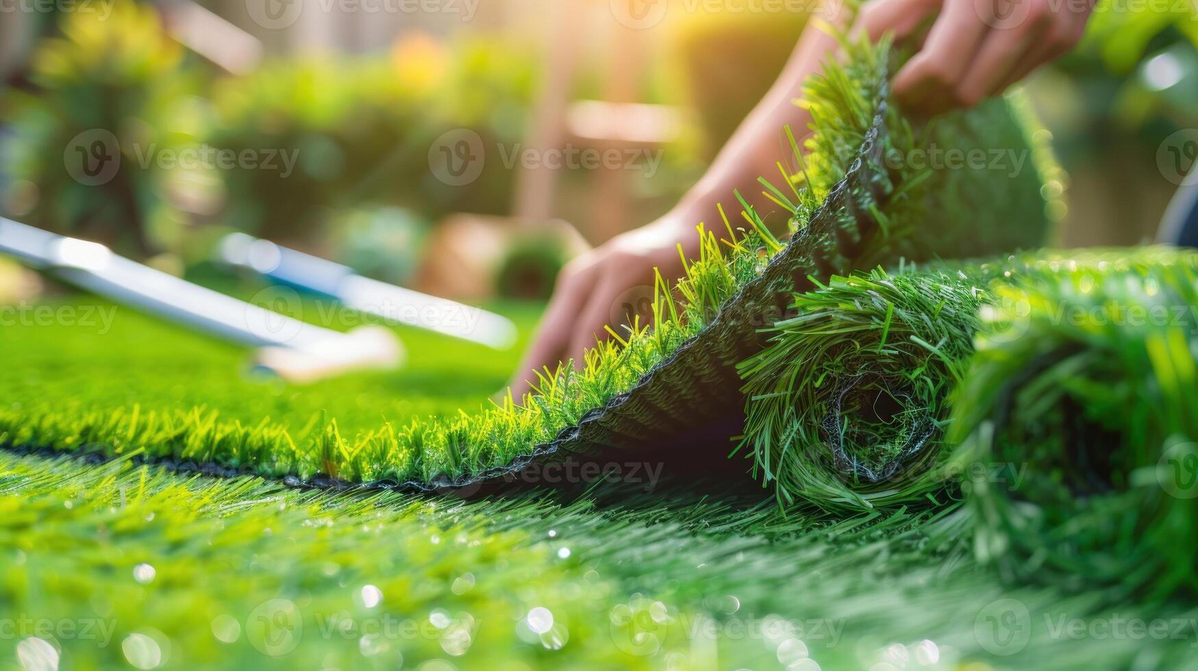 A man is laying down a piece of artificial grass photo