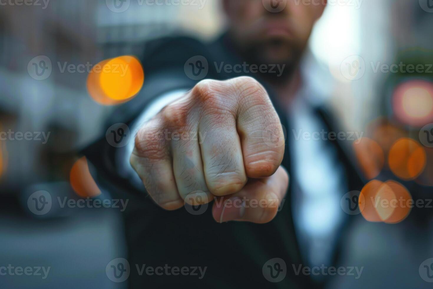 A man in a suit is punching the air photo