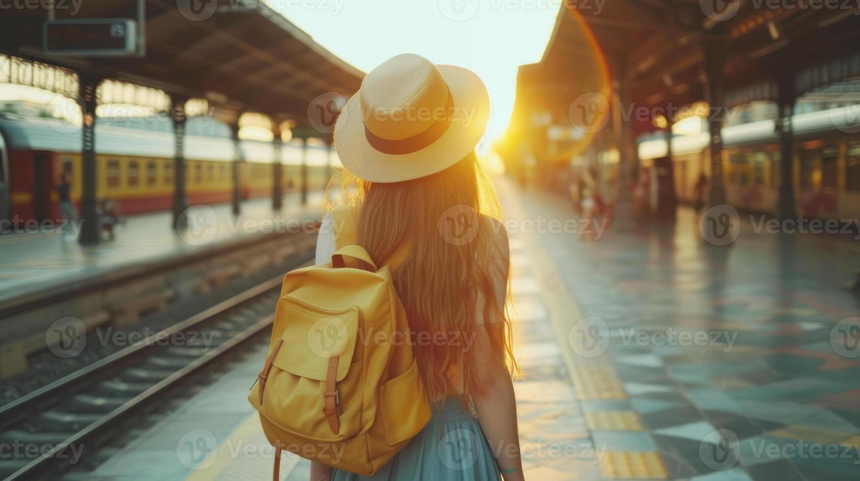 A woman wearing a straw hat and wear dress is standing on a train platform photo