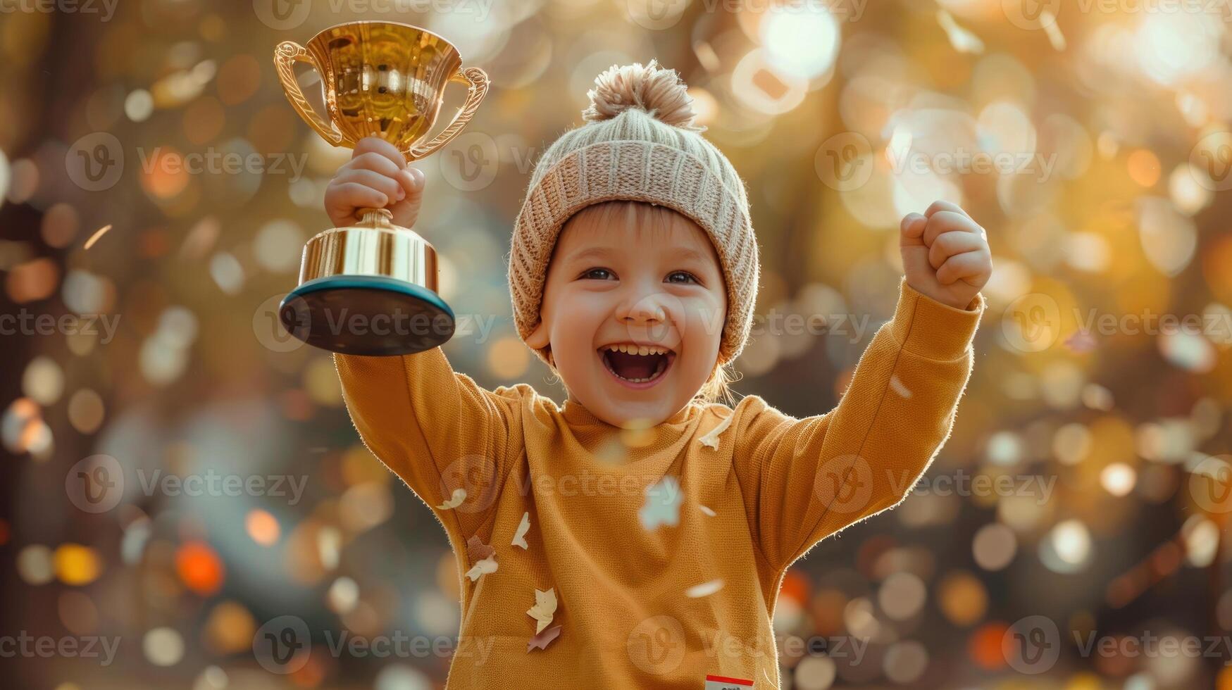 A young child is holding a trophy and smiling photo