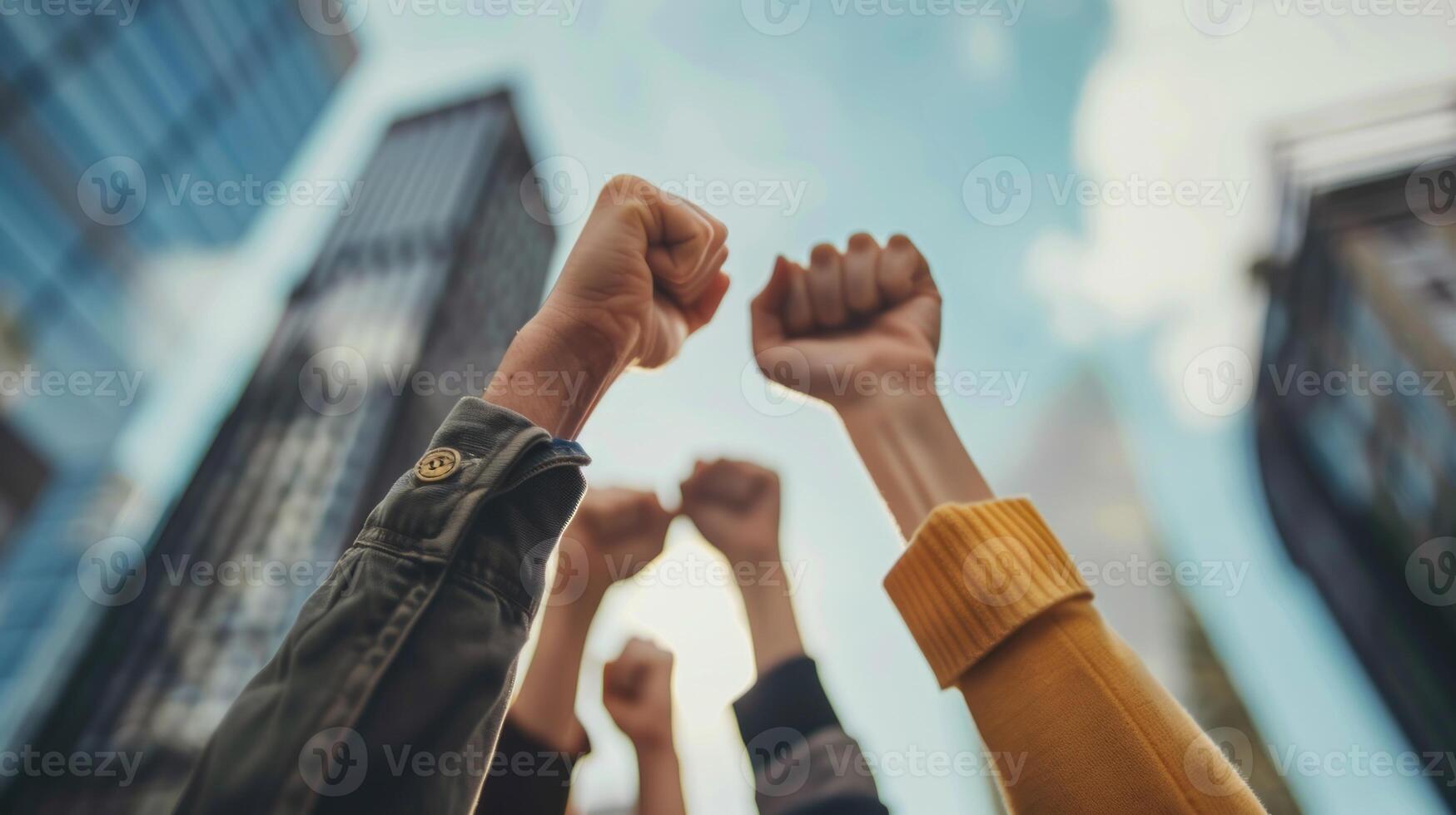 A group of people are standing together and raising their fists in the air photo