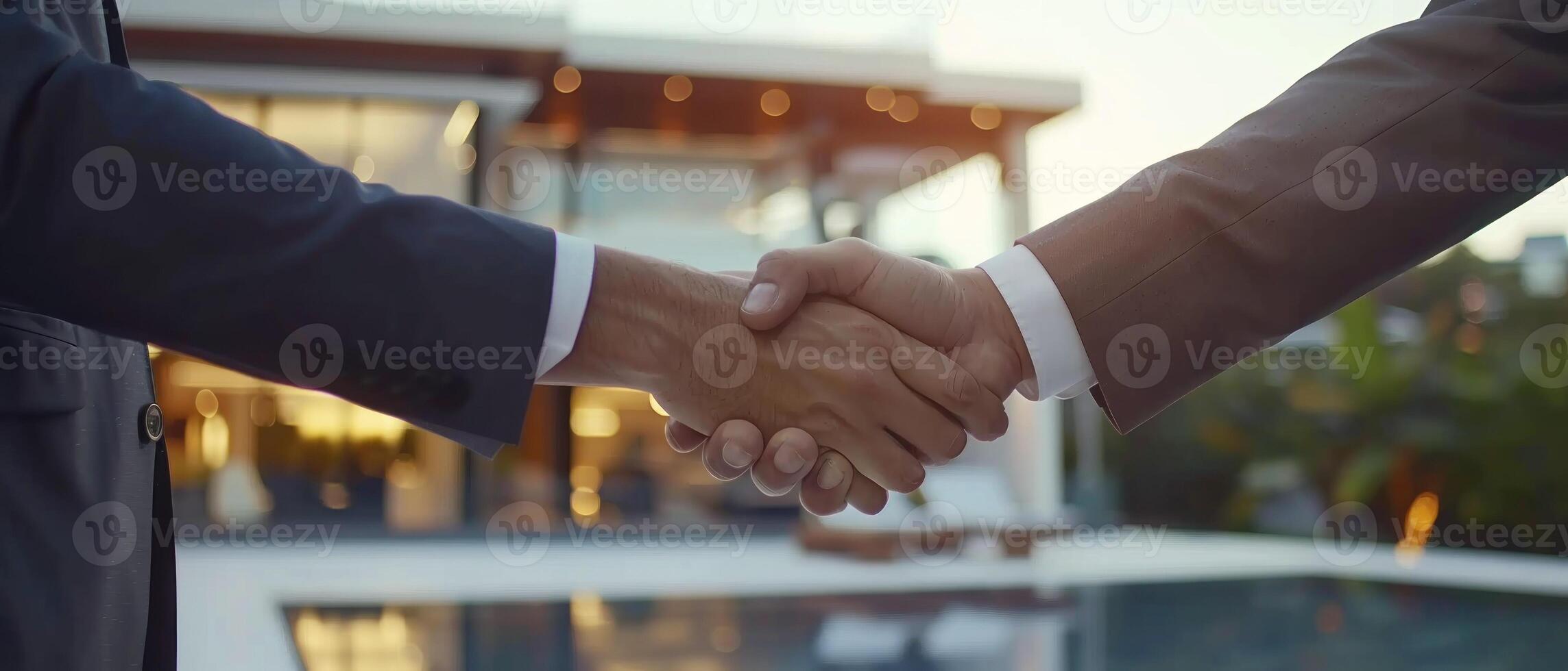 The concept of selling a house. People shaking hands in front of a house with a garden. Real estate and real estate photo