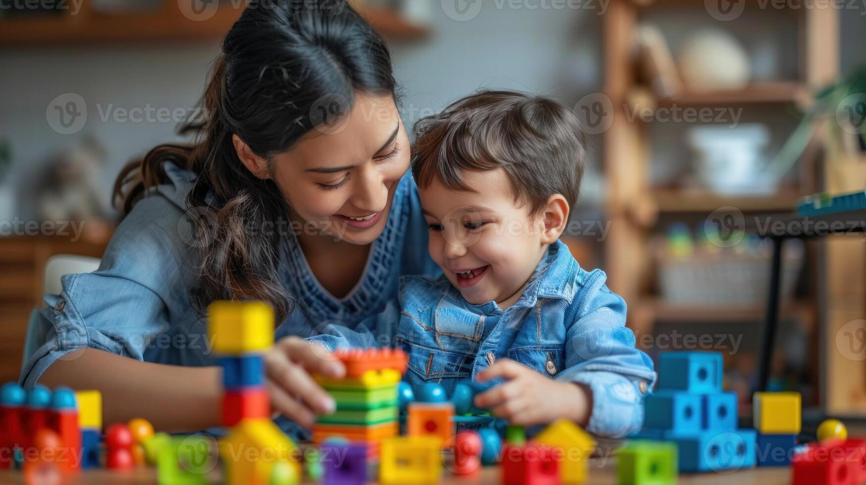 A woman and a child are playing with a pile of colorful blocks photo