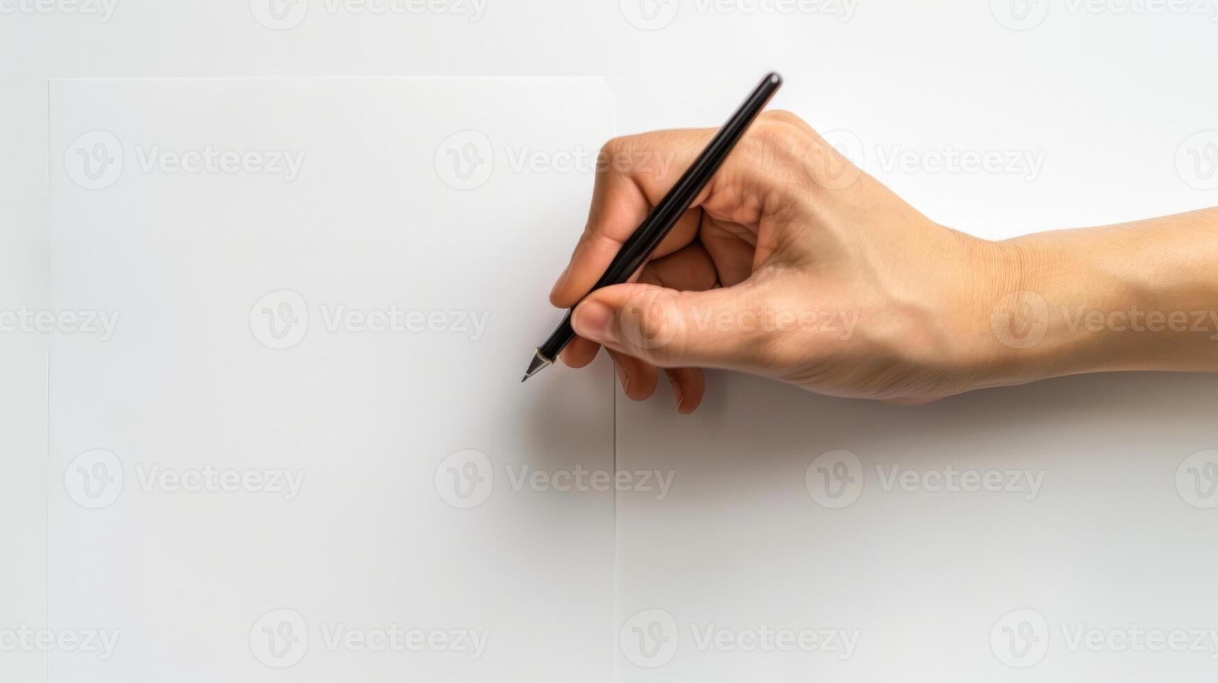 A hand is writing on a blank piece of paper with a pen photo