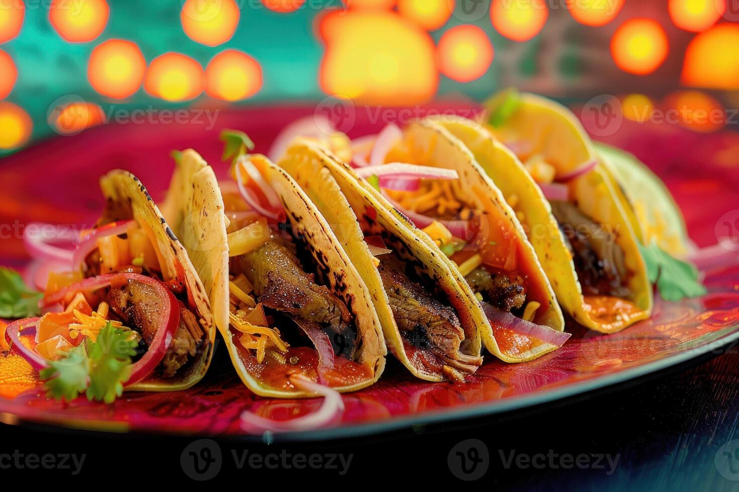 Three tacos with meat and vegetables on a red plate photo