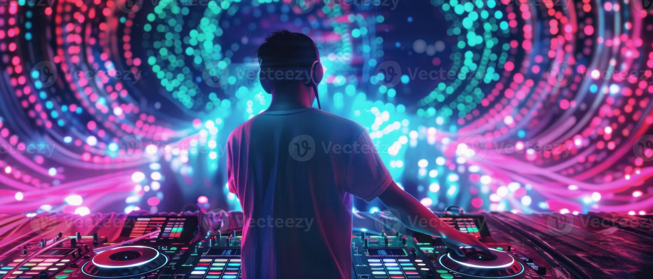 A man is playing a DJ set in front of a colorful light show photo