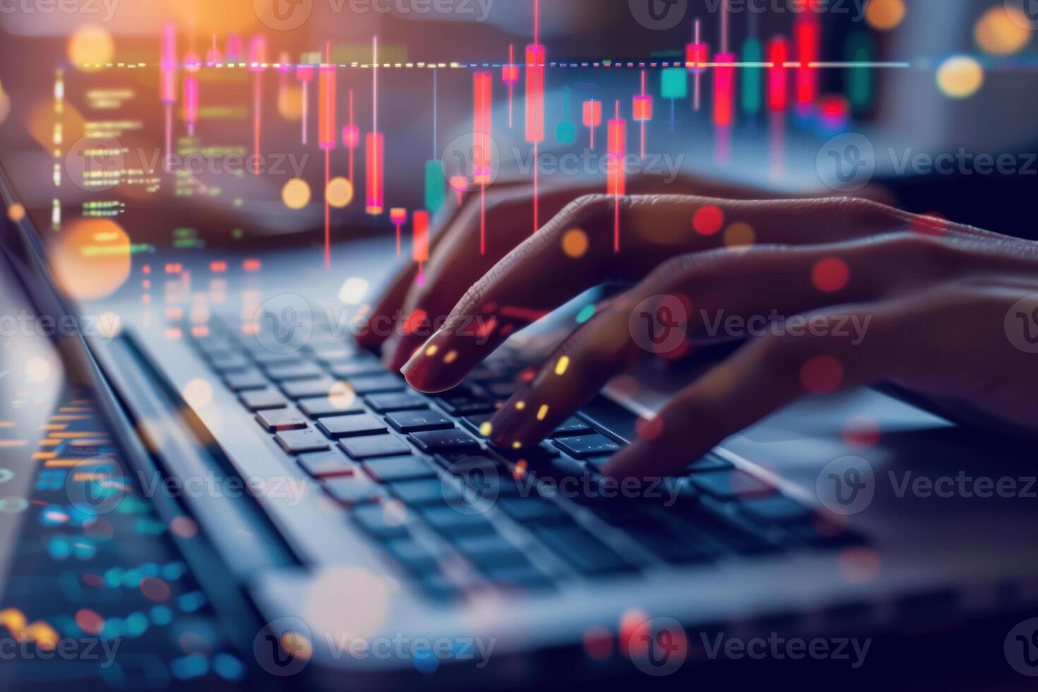 A person is typing on a laptop with a colorful background photo