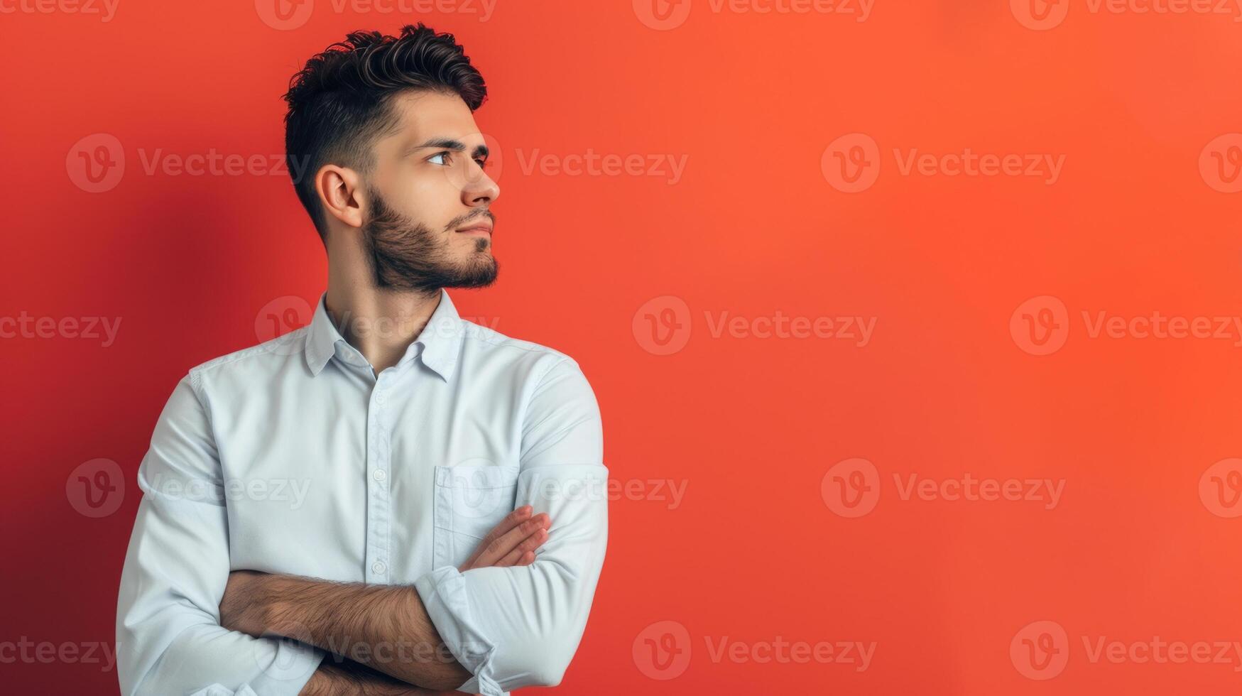 un hombre con un barba y un blanco camisa es en pie en frente de un rojo pared 44592052 Foto de stock en Vecteezy