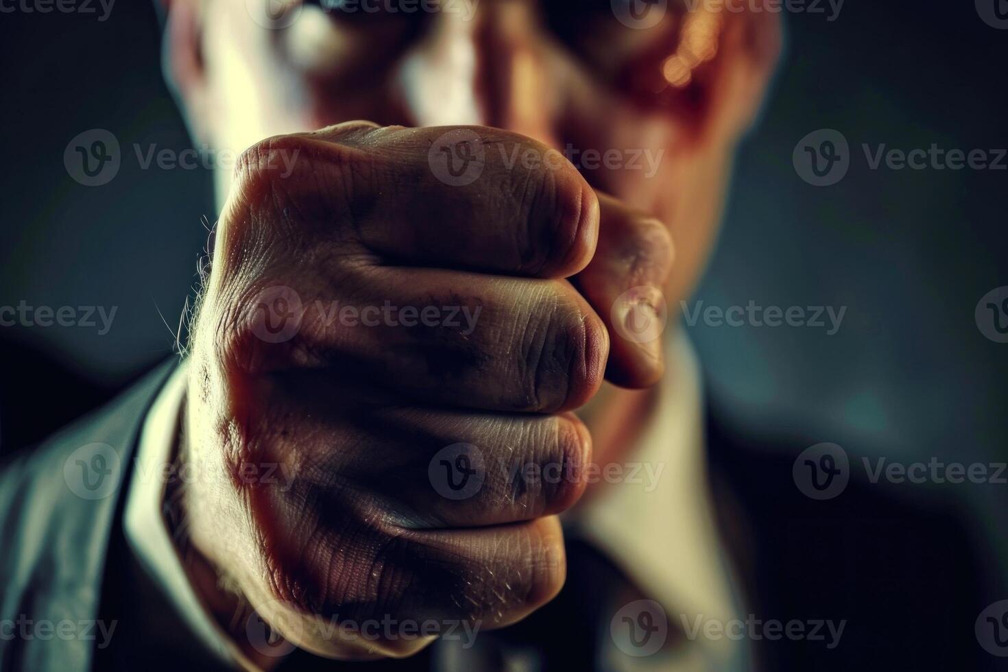A man in a suit is punching the air photo