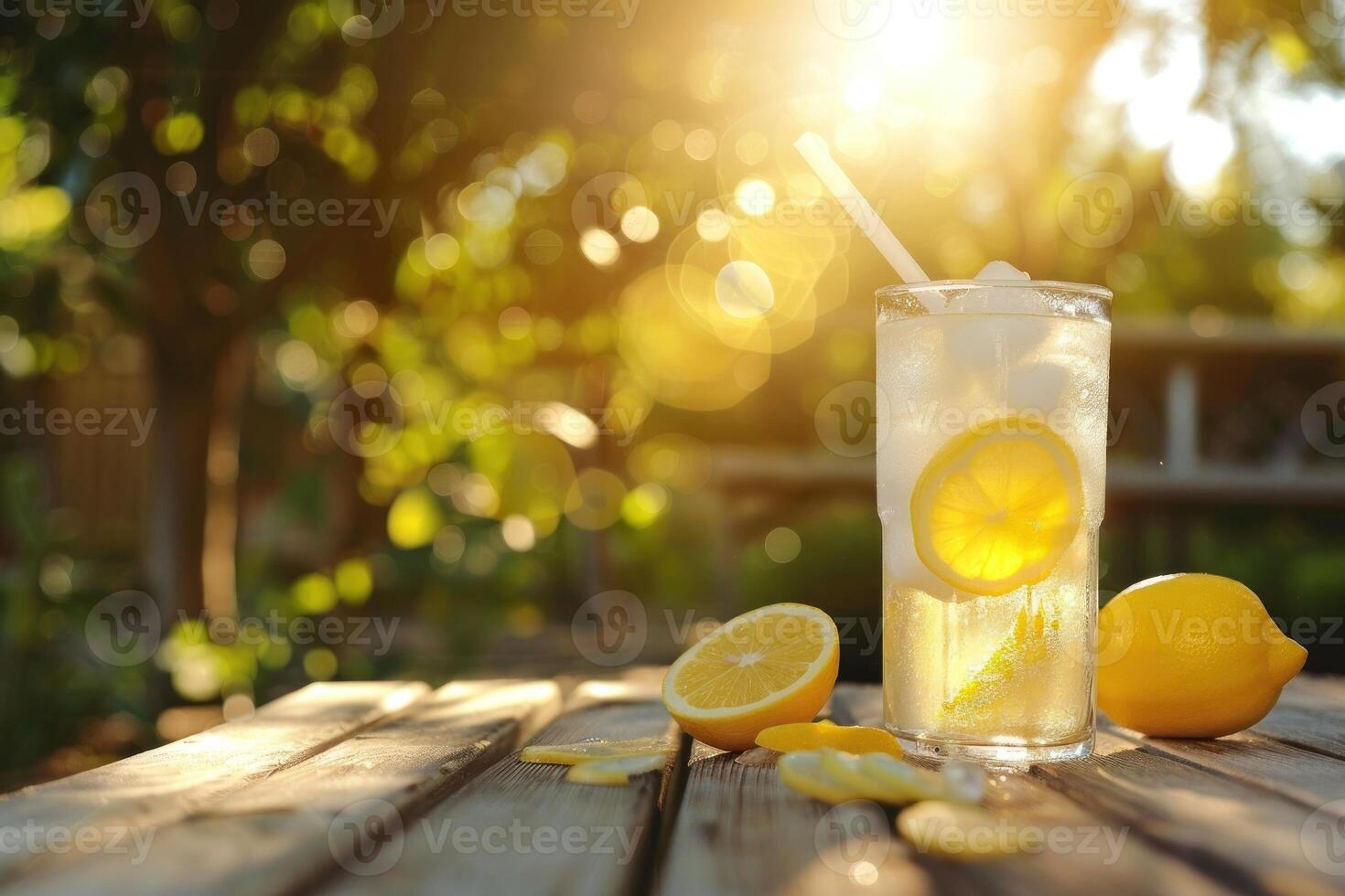 A glass of lemonade with a straw in it and a slice of lemon on the side photo