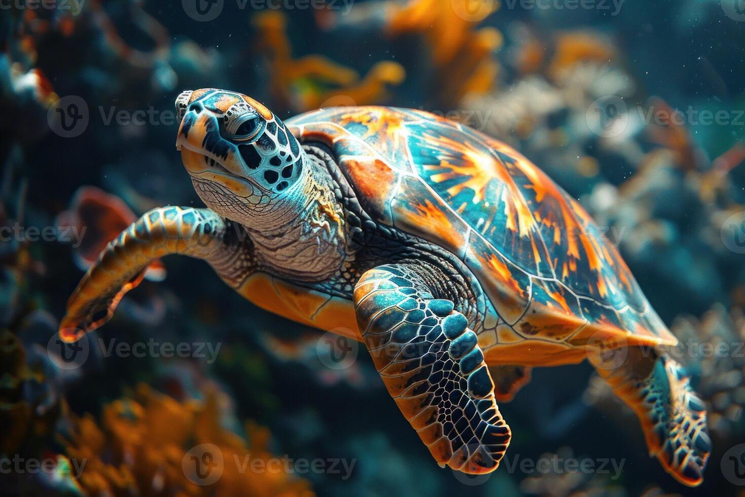 A turtle swimming in the ocean with a blue and orange shell photo